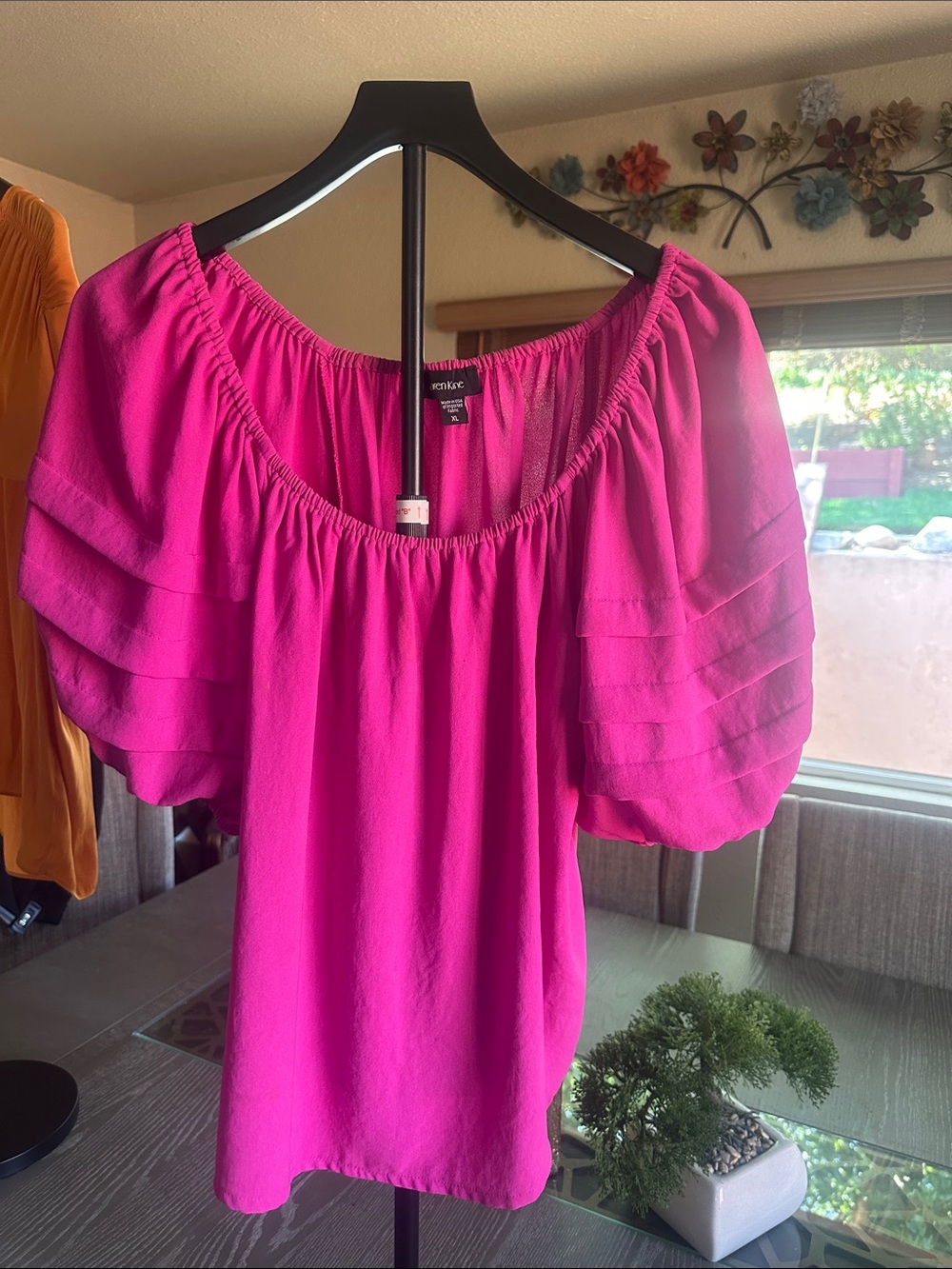 Karen Kane Hot Pink Off-Shoulder Layered Puff Sleeve Blouse